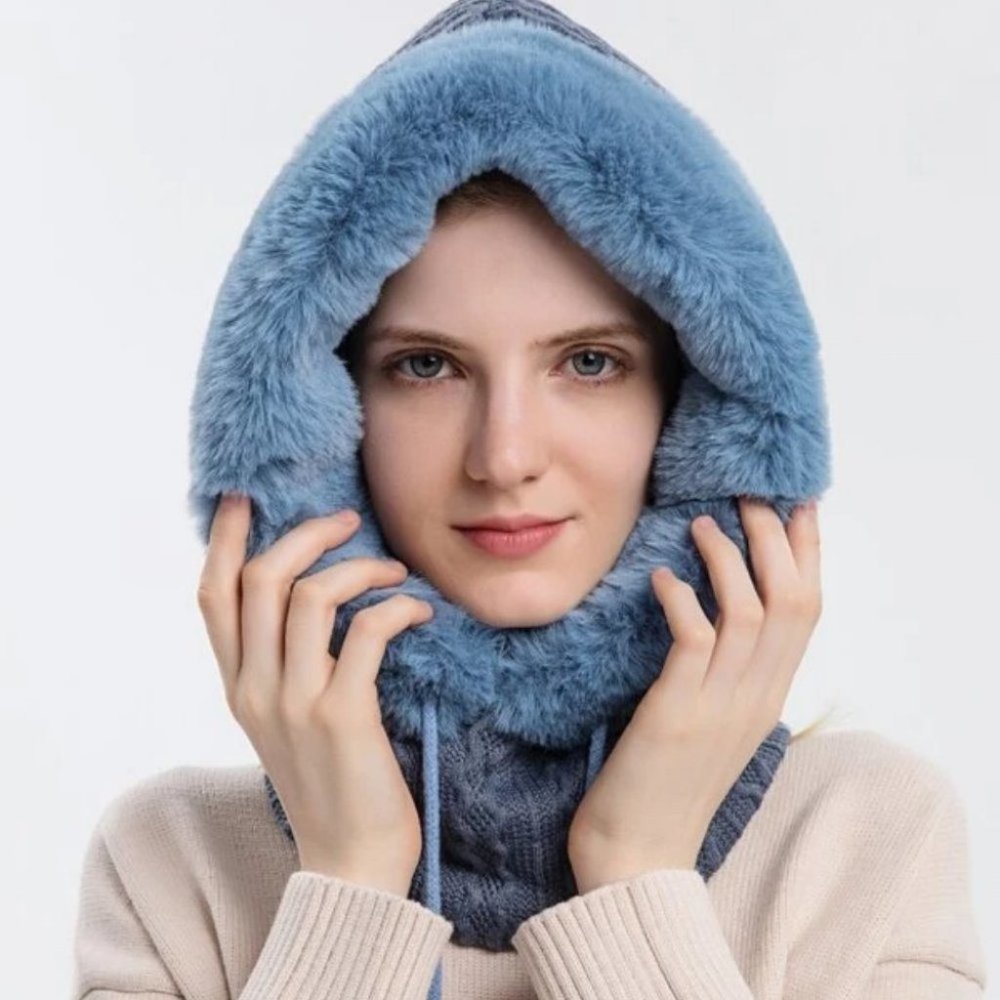 Blue Faux fur trimmed Panel Drawstring Hat winter - Picture 2 of 6
